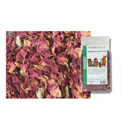 Hugro Rød Tørrede Rosenblade 100g er et glimrende fodertilskud til gnavere og grønt spisende krybdyr.