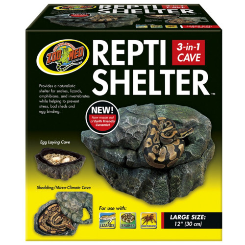Zoo Med Repti Shelter Large - Fugtskjul til slanger eller øgler i keramik i flot indpakning, køb her!